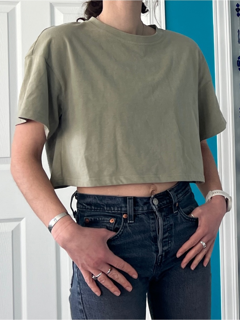 Olive Green Cropped Boxy Tee • Cotton Mix• Minimalist Top• Treasure Hunt Gift